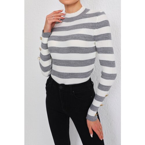 BİKELİFE Gray Striped Button Detailed Knitwear Sweater Cene