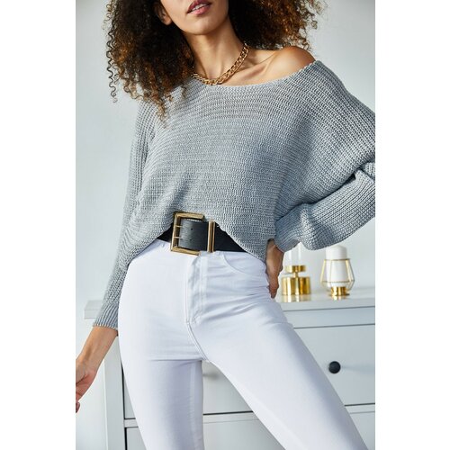 XHAN Women's Gray Boat Collar Knitwear Sweater Cene