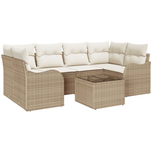 VidaXL 7-dijelni vrtni sofa set s jastucima bež poli ratan, dvosjed vrtni sofa s jastucima bež poli ratan Slike