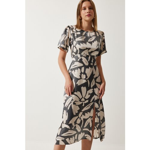  Women&amp;#039;s Smoky Cream Patterned Satin Surface Slit Summer Dress Slike