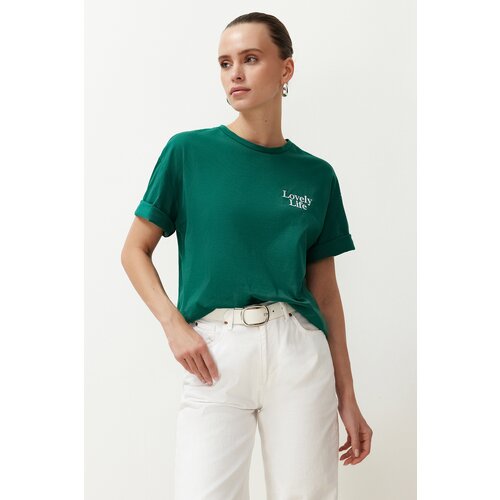 Trendyol Emerald Green 100% Cotton Slogan Printed Relaxed/Comfortable Fit Pocket Detail Knitted T-Shirt Cene