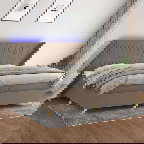  Box spring postelja z vzmetnico LED taupe 200x200 cm blago Slike