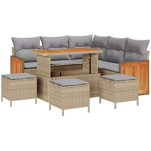 VidaXL 9-dijelni set vrtnih sofa s jastučićima bež poli ratan akacija, 4-dijelni set vrtne trpeze s jastučićima bež poli ratan akacija Slike