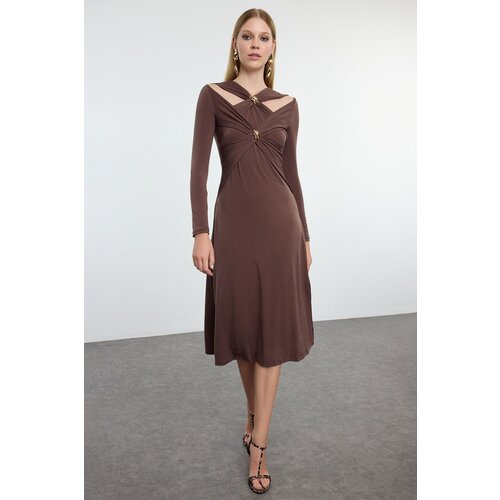 Trendyol Brown Accessory Detailed Knitted Elegant Evening Dress Slike