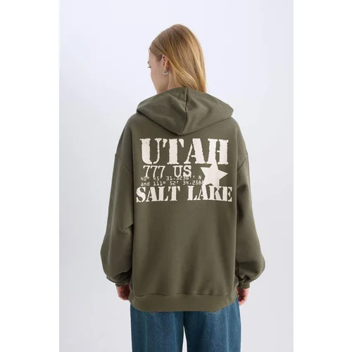 Defacto Women's Khaki Coool Oversize Fit Wide Pattern Hooded Back Printed Thick Sweatshirt