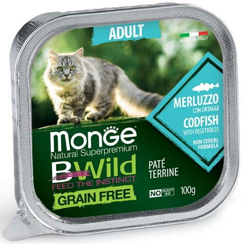 Monge pašteta za odrasle mačke sa ukusom bakalara i povrća bwild grain free 100g Slike
