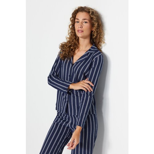 Trendyol Indigo 100% Cotton Striped Shirt-Pants Knitted Pajamas Set Cene