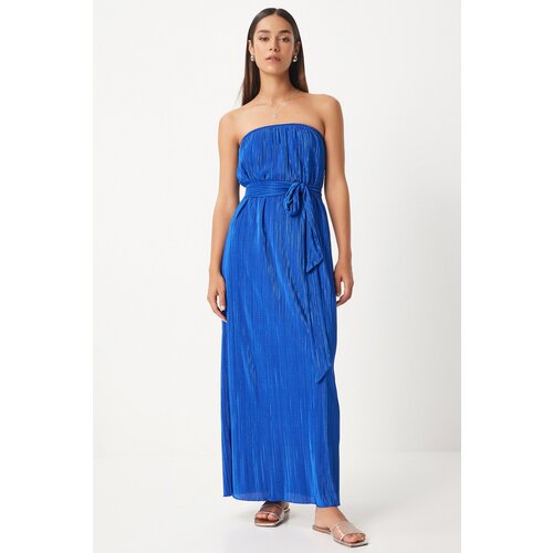 Happiness İstanbul Women's Blue Strapless Belted Pleated Dress Slike