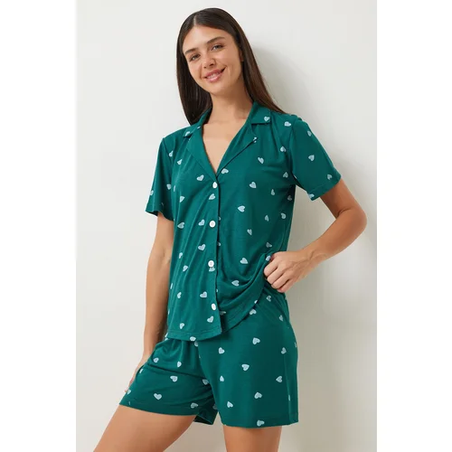 Happiness İstanbul Women's Dark Green Heart Viscose Shorts Shirt Pajama Set