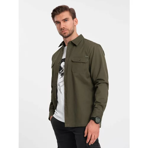 Ombre Men's REGULAR FIT cotton shirt with buttoned pockets - olive