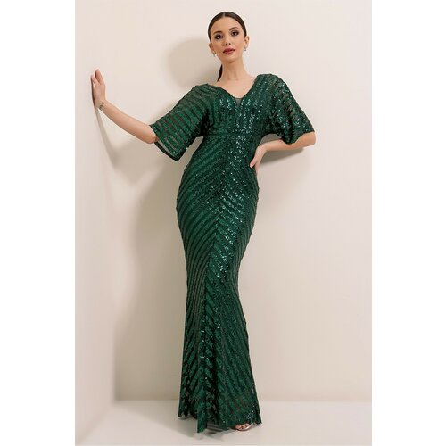 By Saygı Sequins Lined Long Dress Green Slike