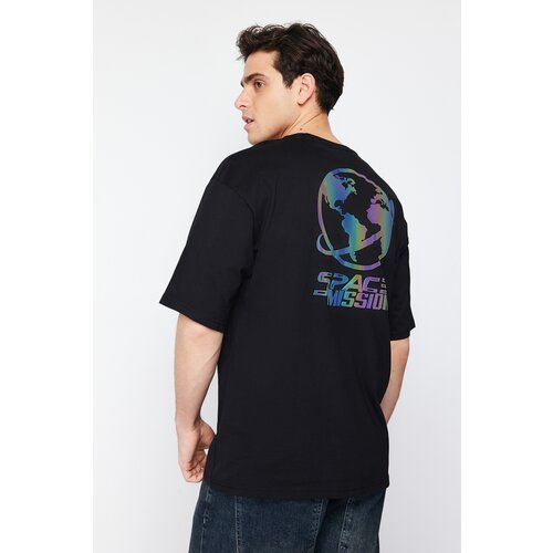 Trendyol Men's Black Oversize/Wide Cut 100% Cotton Back Galaxy Hologram Printed T-shirt Slike