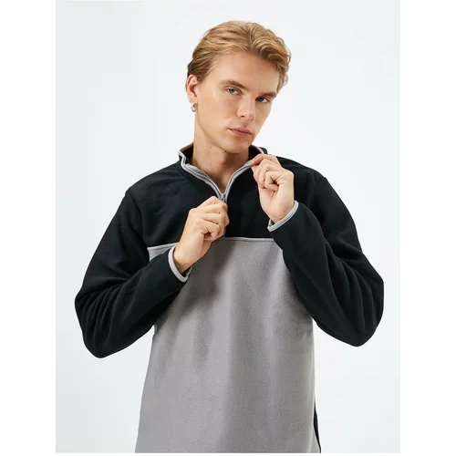 Koton Fleece Sweatshirt Half Zipper Color Block Slogan Detailed.