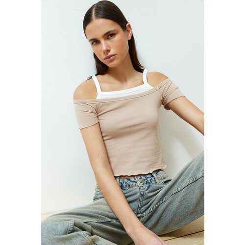 Trendyol Mink Color Block Carmen Collar Crop Short Sleeve Knitted Blouse Cene