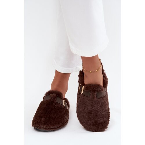 Boto Faux fur women&amp;#039;s slippers on a platform with a strap and buckle brown Noraline Slike