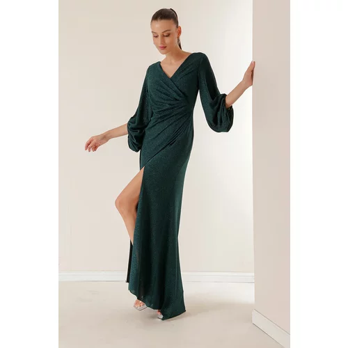 By Saygı Double-breasted Collar Draped Lined Long Sleeve Dress