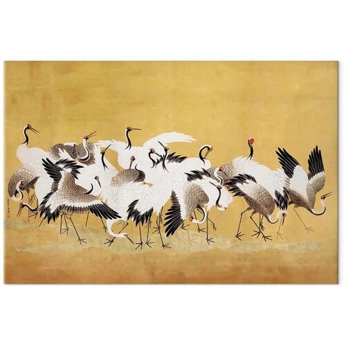  XXL slika - Japanese cranes - a flock of birds against a golden background based on a painting by Ishida Yūtei 150x100 Slike