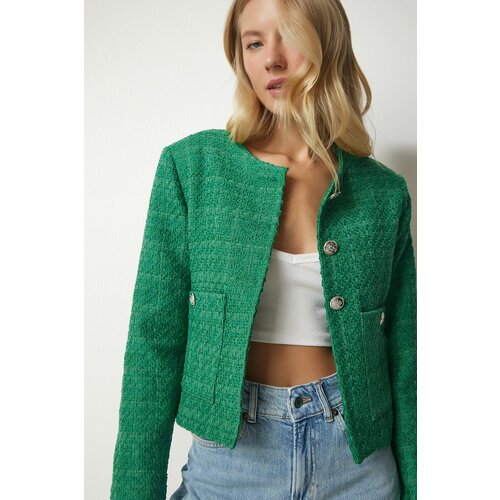 Happiness İstanbul Women's Green Buttoned Tweed Jacket Slike