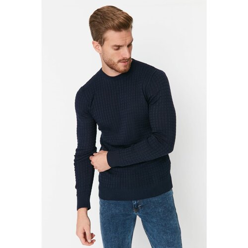 Trendyol Navy Blue Men's Slim Fit Crew Neck Textured Knitwear Sweater Cene