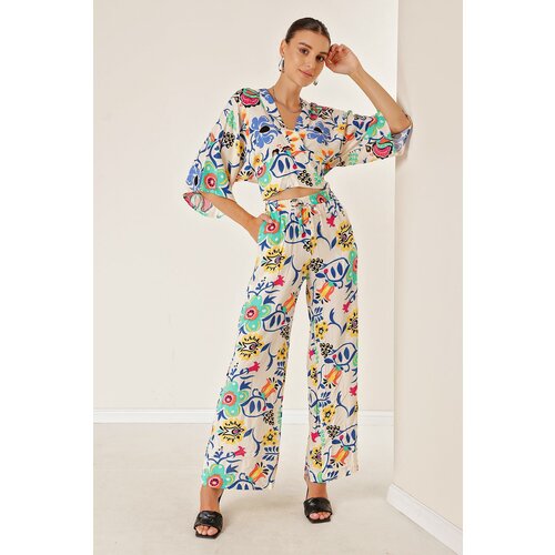 By Saygı Elastic Waist Pocket Palazzo Trousers Front Back V Neck Crop Floral Double Suit Cene