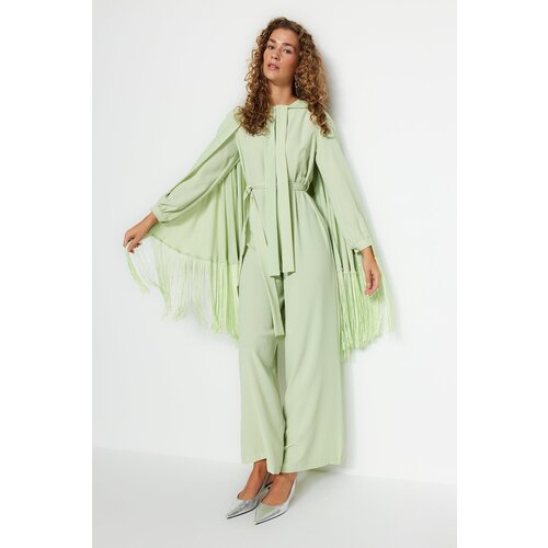 Trendyol Light Green Tasseled Cape-Jumpsuit Evening Dress Suit Slike