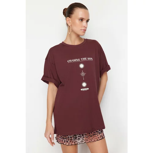Trendyol Brown Printed Oversize/Wide Knitted T-Shirt