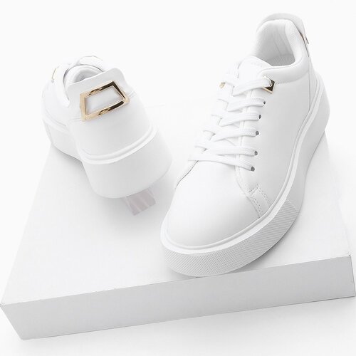 Marjin Women's Sneaker Thick Sole Gold Buckle Detailed Lace Up Sports Shoes Rofke White Cene