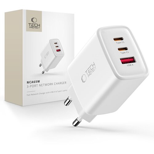 TECH-PROTECT NCA65W-GAN PD 65W POLNILEC ZA TELEFON S 3 VRATI QC3.0, BELA, (5000259920) Cene