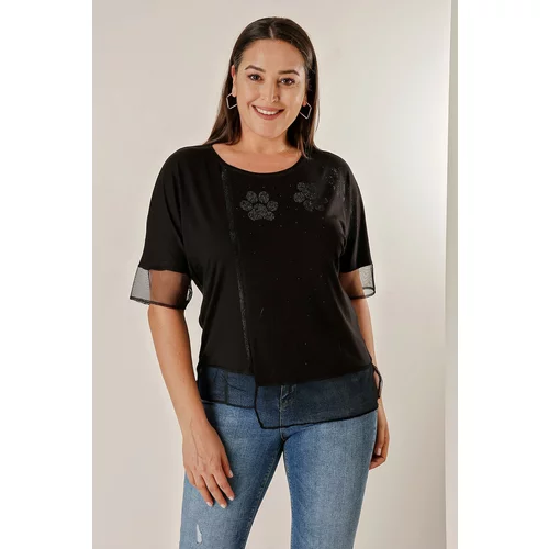 By Saygı Plus Size Blouse with tulle around the sleeves and hem with a stone print on the front.