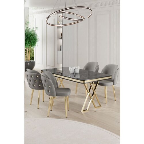 Hanah home Rigel - Black Marble, Gold, Grey Black MarbleGoldGrey Dining Table & Chairs Set (5 Pieces) Cene
