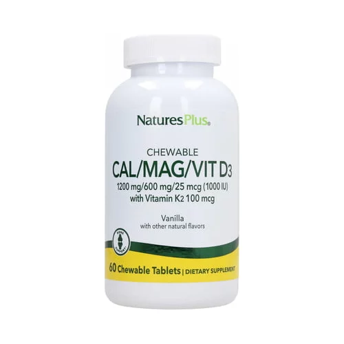 Nature's Plus kalcij/Magnezij/Vitamin D3 z Vitaminom K2 žvečilne tablete - okus vanilije