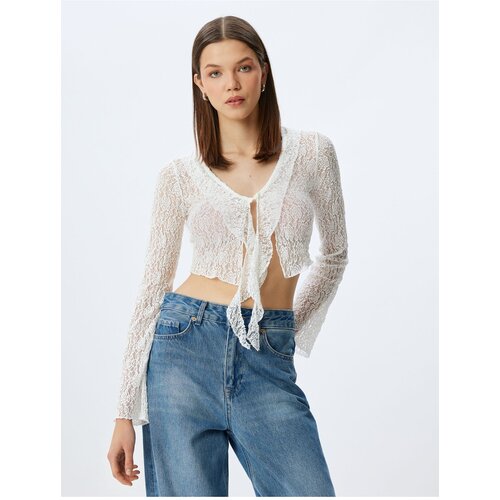 Koton Lace V Neck Ruffled Spanish Sleeve Crop Blouse Slike