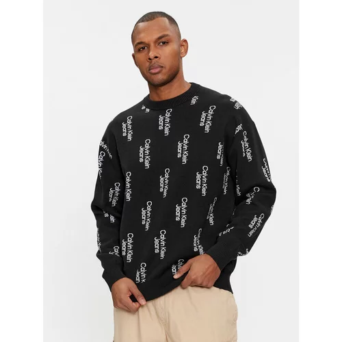 Calvin Klein Jeans Pulover Stacked Logo Aop Sweater J30J325287 Črna Regular Fit