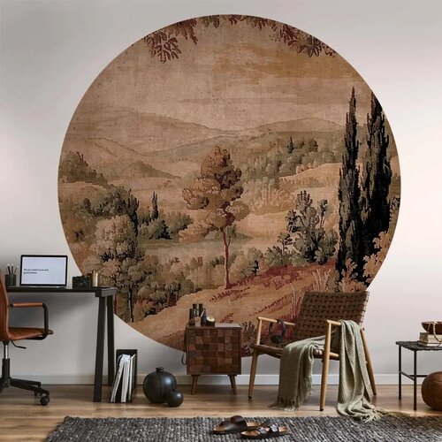  Okrugla fototapeta - Mediterranean landscape - old tapestry with a hill and a lake 280x280 Slike