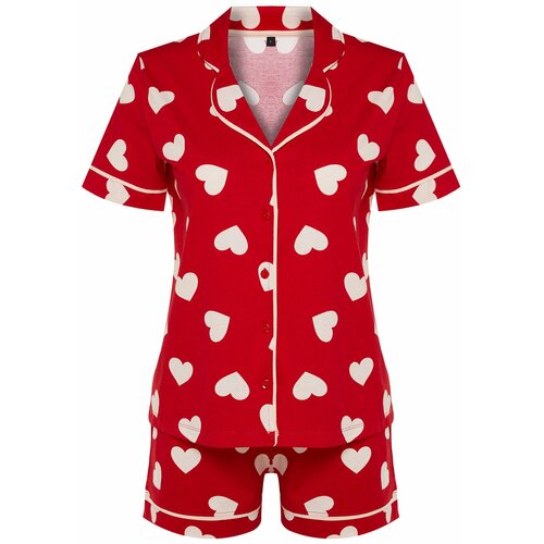 Trendyol Red 100% Cotton Heart Patterned Piping Detailed Shirt-Shorts Knitted Pajama Set Cene