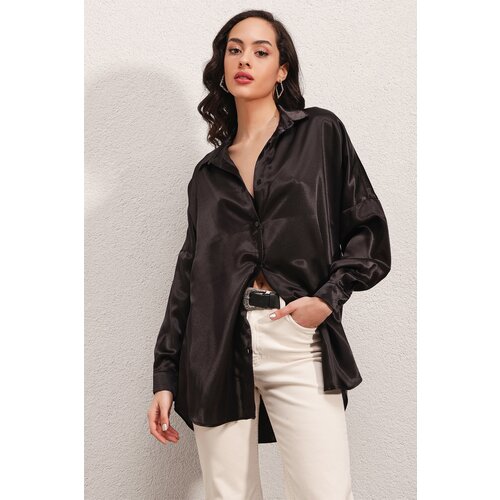 Bigdart 3985 Oversized Satin Shirt - Black Slike