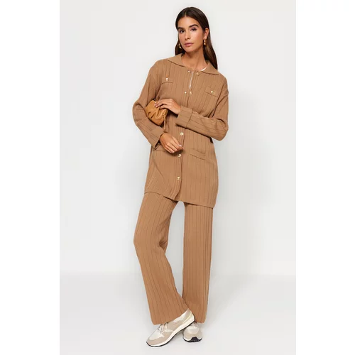 Trendyol Brown Ribbed Cardigan-Pants Knitwear Two Piece Set