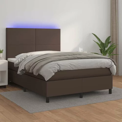  Box spring postelja z vzmetnico LED rjava 140x200cm um. Usnje, (20895160)
