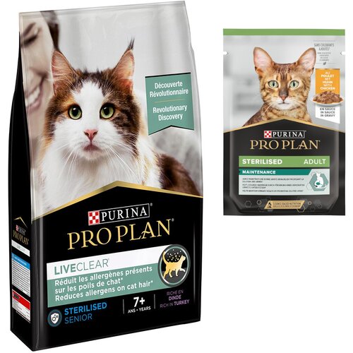 Pro Plan suha mačja hrana + 6 x 85 g mokre hrane gratis! - LiveClear Sterilised Adult 7+ puran (2.8 kg) + Pi&scaron;čanec (6 x 85 g) Cijene
