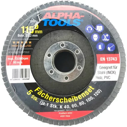 ALPHA TOOLS 5-delni set brusilnih plošč Alpha Tools (Premer plošče: 115 mm, granulacija 40, 60, 80, 100 in 120)