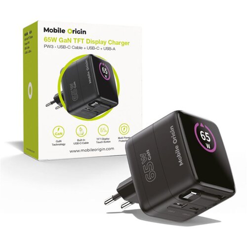 MOBILE ORIGIN 65W GaN Charger PW3 USB-C ret. cable 65cm+USB-A Slike
