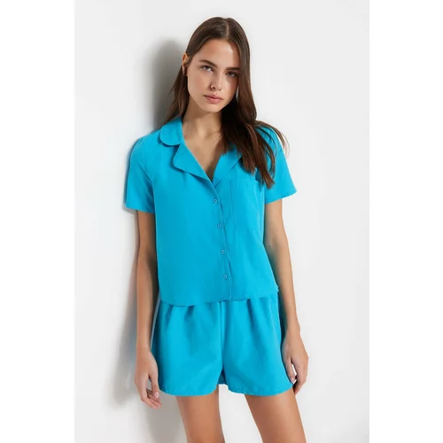 Trendyol Blue Terrycotton Shirt-Shorts Woven Pajama Set