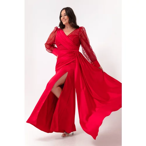 Lafaba Women's Red V-Neck Plus Size Long Evening Dress with Slits on the sleeves.