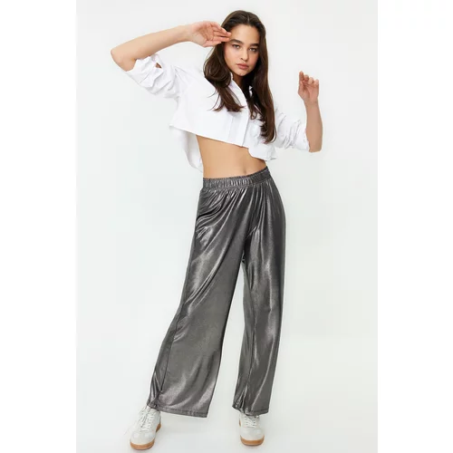 Trendyol Anthracite Foil Printed Wide Leg/Wide Cut Stretchy Knitted Trousers