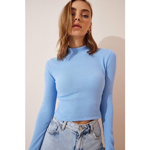 Happiness İstanbul Women's Sky Blue Corded Turtleneck Crop Knitted Blouse Slike