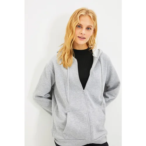 Trendyol Gray Hoodie Oversize/Wide Fit Zippered Thick Fleece Inside Knitted Sweatshirt