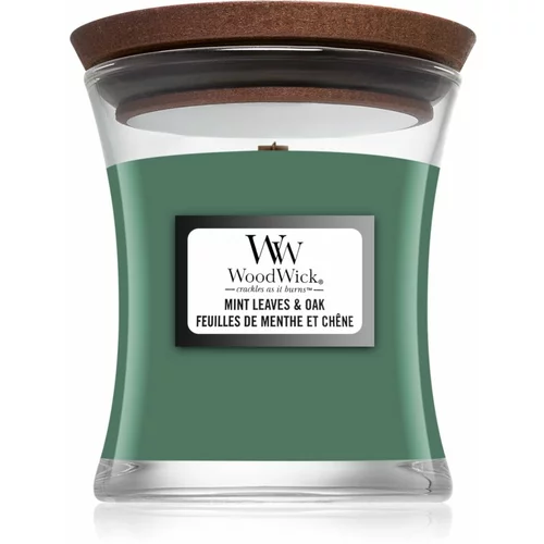 WoodWick Mint Leaves & Oak dišeča sveča z lesenim stenjem 85 g