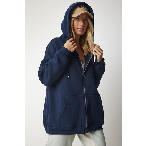  Women's Navy Blue Hoodie with Zipper Oversized Sweatshirt Cene