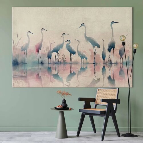  XXL slika - Birds by the lake - herons painted in watercolour in delicate grey and pink colours 160x107 Slike