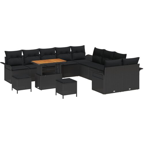 VidaXL set od 13 komada vrtne sofe s jastucima crni poli ratan akacija, sofa za 2 osobe s pohranom i jastucima crni poli ratan, set od 3 komada vrtne blagovaonice s jastucima crni poli ratan akacija Slike